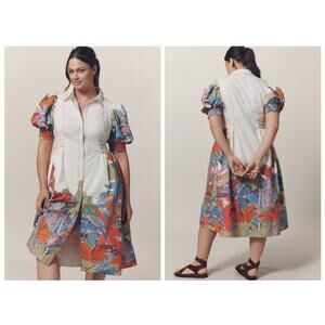 Anthropologie Maeve  Puff Sleeve Smocked Shirt Dress Tropical Print Size XL